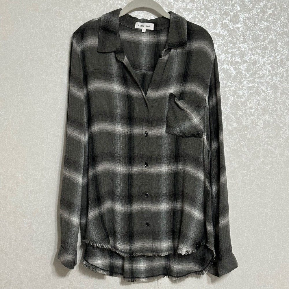 Bella Dahl Frayed Hem Pucker Plaid Button Down Shirt Grey Charcoal Knit Grunge L